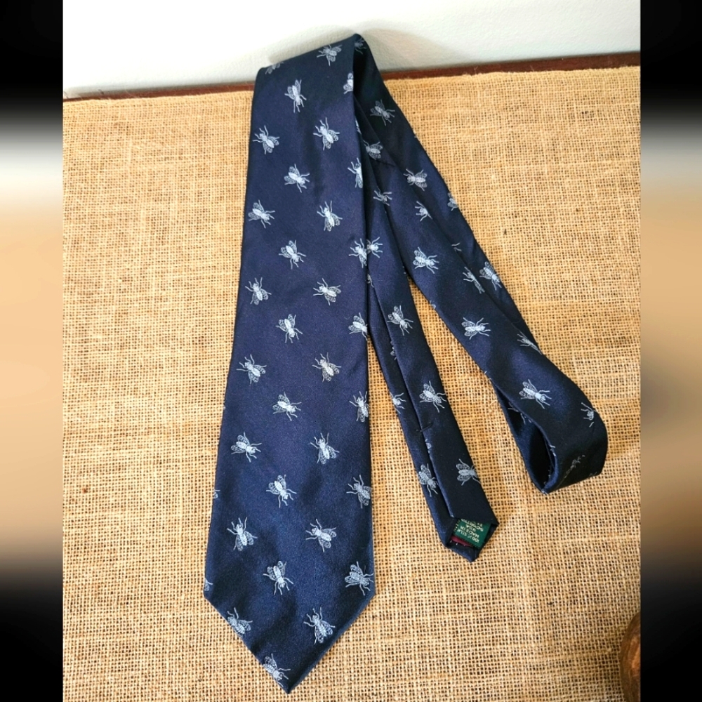 J Crew silk preppy blue fly 🪰 print necktie tie father's day funny 100% silk